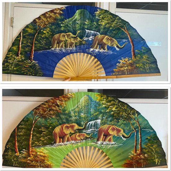 Wanddecoratie - Waaier XXL- 140cm - olifanten handgeschilderd