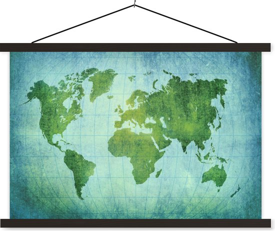 Wereldkaart perkament blauw groen schoolplaat platte latten zwart 60x40 cm - Foto print op textielposter (wanddecoratie woonkamer/slaapkamer)