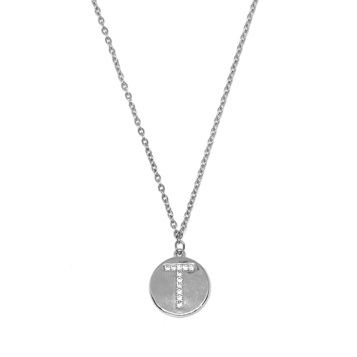 Letter ketting diamond coin - initiaal T - zilver