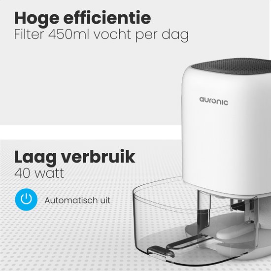 Auronic Luchtontvochtiger - Ontvochtigt 450ml Per Dag in Huis - 1L Waterreservoir - LED - Vochtopnemer voor in Woonkamer, Slaapkamer & Badkamer - Dehumidifier - Wit