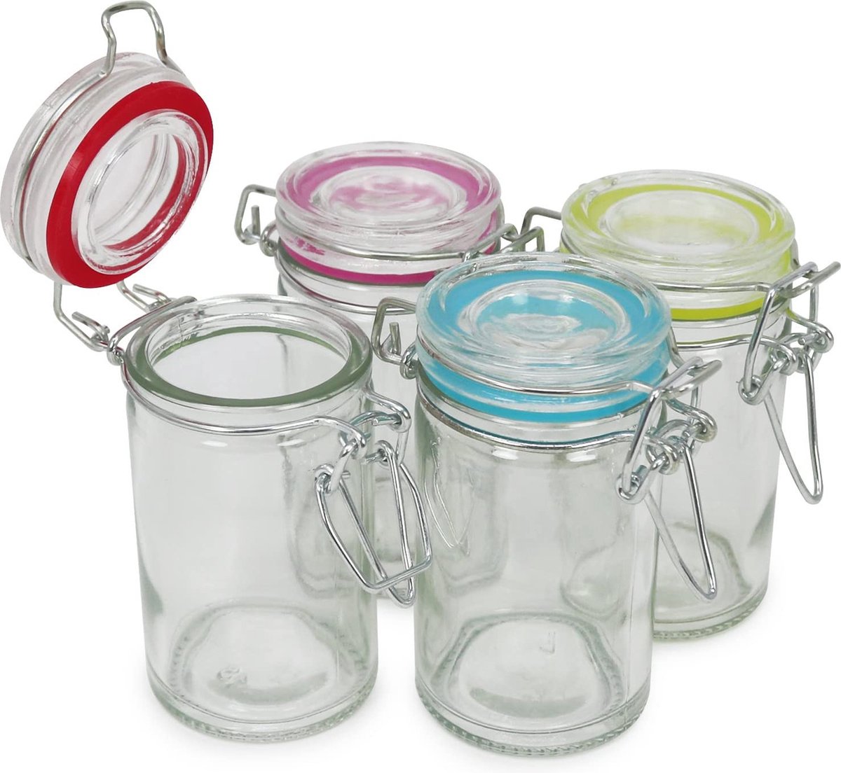 4x mason jars met swing top, wire swing pot met rubberen ring in verschillende kleuren, 60 ml (04 stuks - 60 ml)