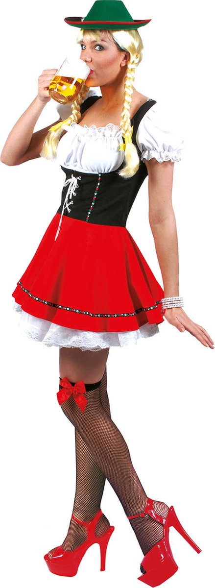 Funny Fashion - Boeren Tirol & Oktoberfest Kostuum - Beate Biergarten Babe - Vrouw - rood,wit / beige - Maat 44-46 - Bierfeest - Verkleedkleding