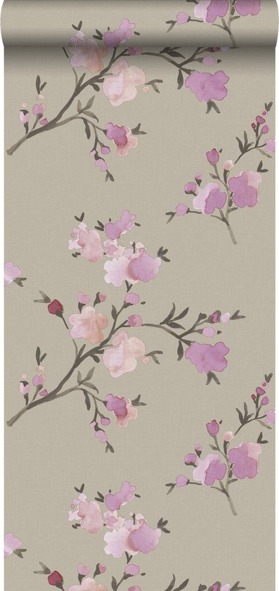 ESTAhome eco-texture vliesbehang kersenbloesems taupe en lila paars - 148717 - 0,53 x 10,05 m