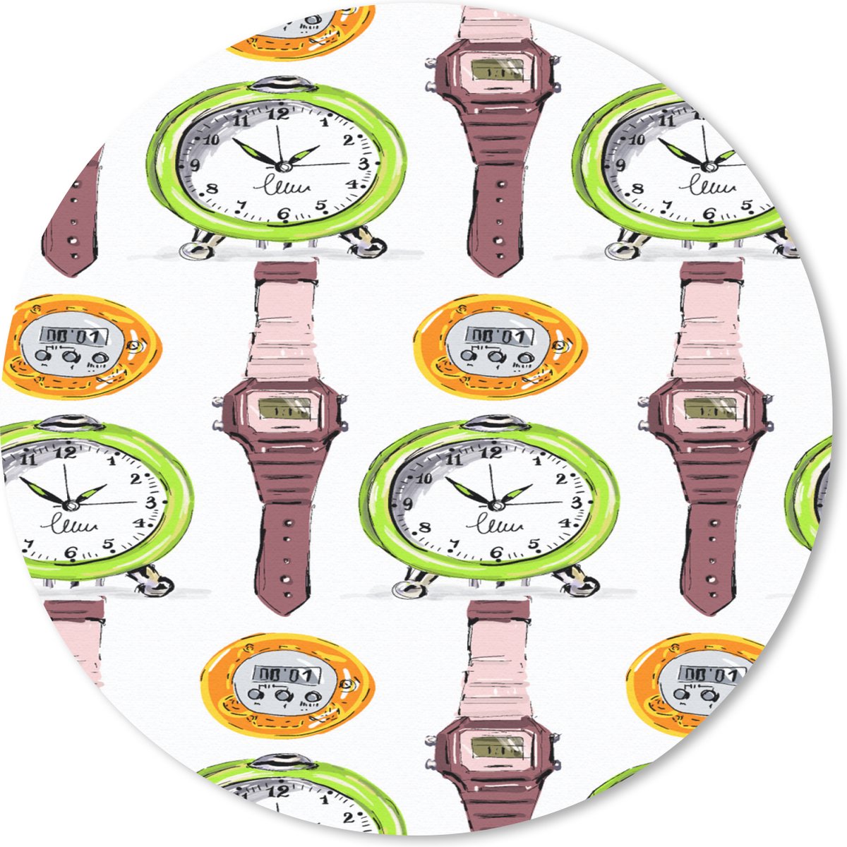 Muismat rond 30x30 cm - Mousepad Wekker - Horloges - Stopwatch - Patronen - Ronde muismatten