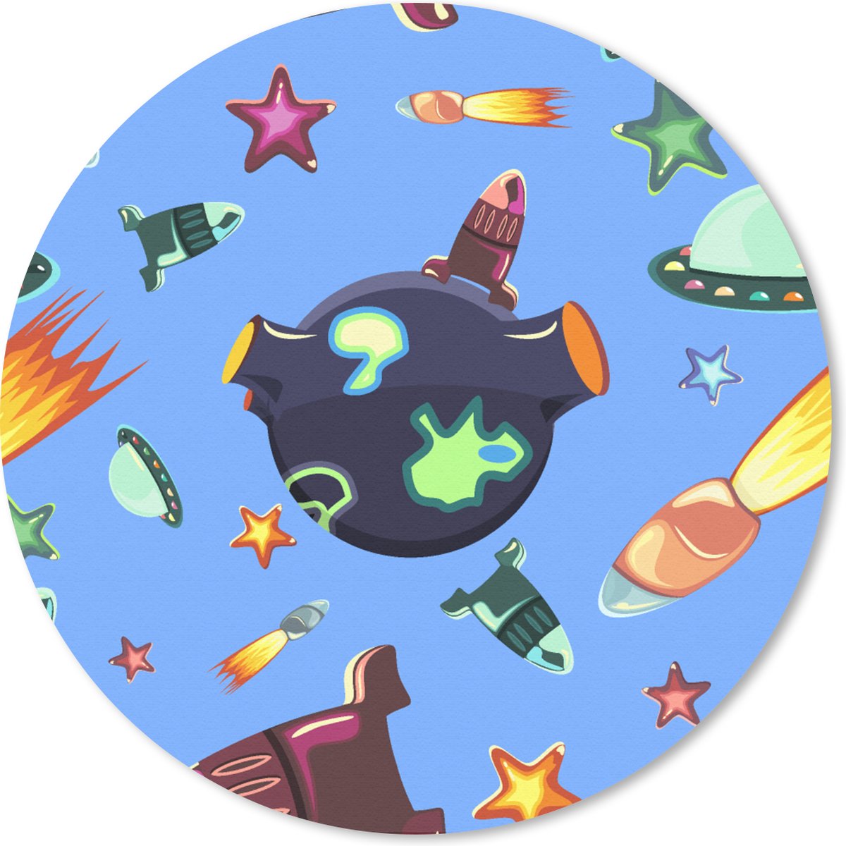 Muismat rond 40x40 cm - Mousepad Ruimte - Regenboog - Ufo - Raket - Design - Ronde muismatten