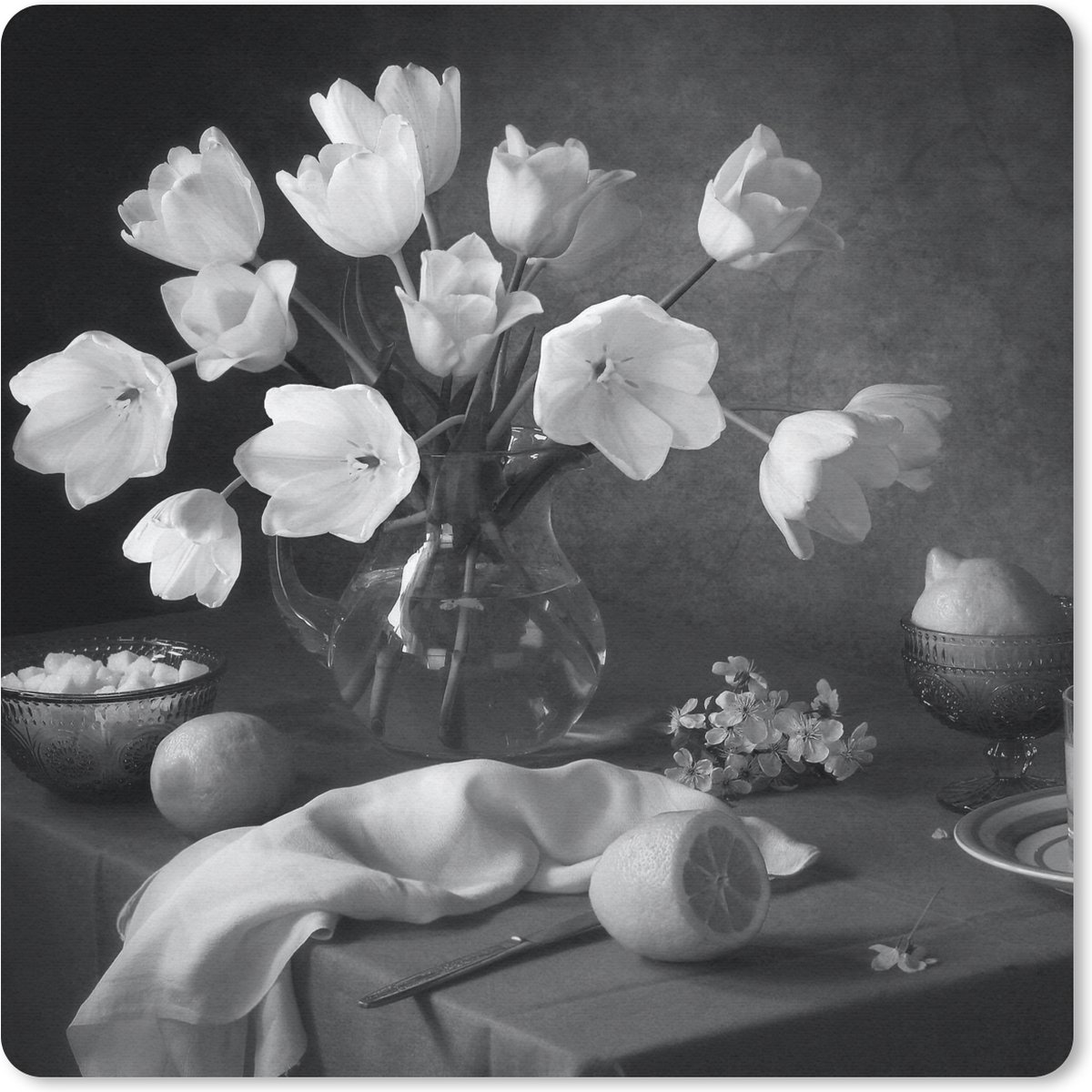 Muismat 30x30 cm - Mousepad Stilleven - Bloemen - Zwart - Wit - Muismatten