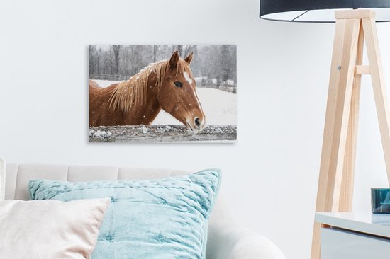 Tableau sur toile Cheval - Flocon de neige - Clôture - Hiver - 30x20 cm - Décoration murale