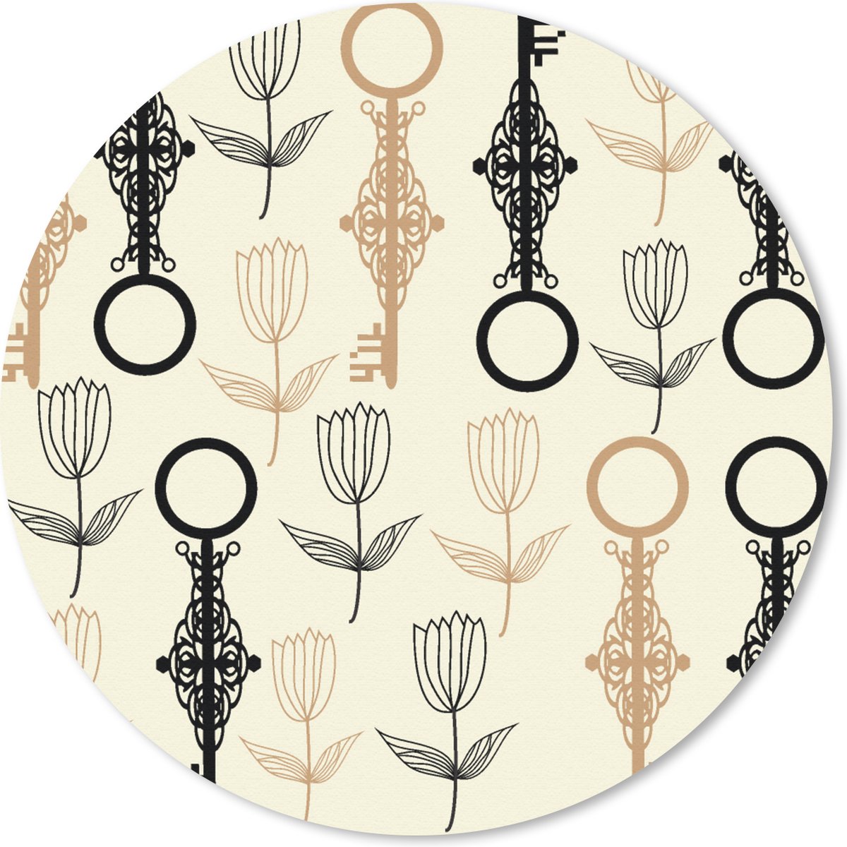 Muismat rond 50x50 cm - Mousepad Sleutel - Goud - Bloemen - Patronen - Ronde muismatten