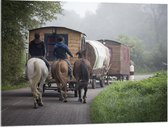 WallClassics - Acrylglas - Ouderwetse Caravan met Paard en Wagen - 100x75 cm Foto op Acrylglas (Met Ophangsysteem)