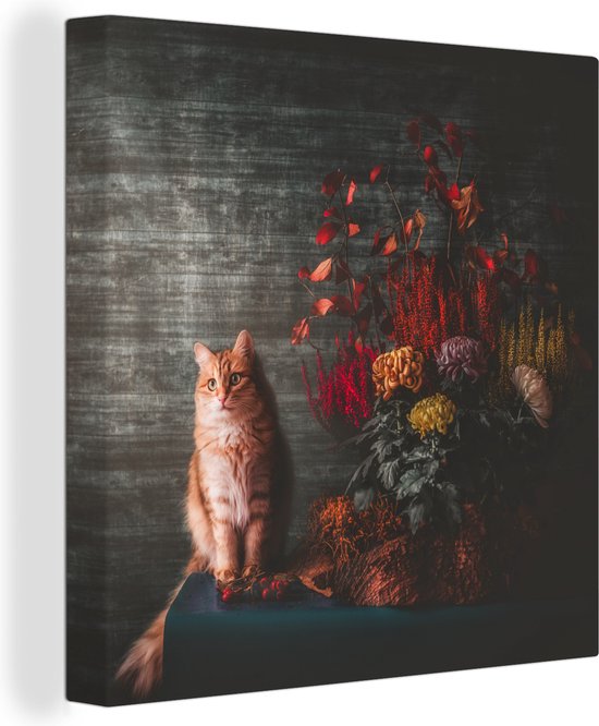 Schilderij kat - Boeket - Bloemen - Oranje - Herfst - Kat schilderij - Canvas kat - Wanddecoratie - 90x90 cm