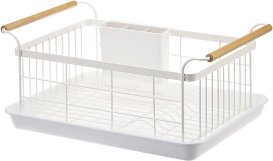 Egouttoir blanc vide avec poignées en bois et porte-couverts.
