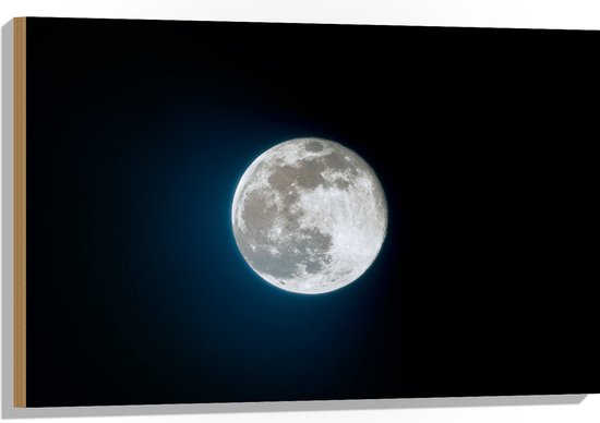 WallClassics - Hout - Maan in Blauw/Zwarte Lucht - 90x60 cm - 12 mm dik - Foto op Hout (Met Ophangsysteem)