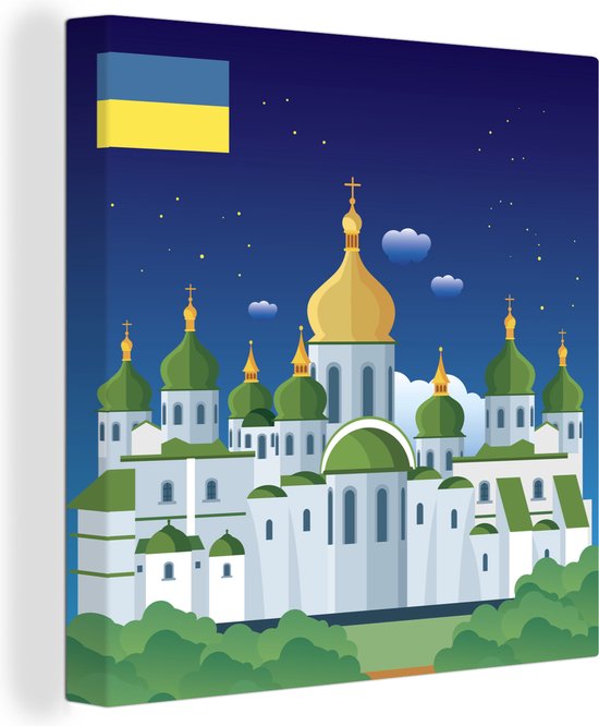 Canvas Schilderij Illustratie van de kathedraal van Kiev in Oekraïne - 90x90 cm - Wanddecoratie
