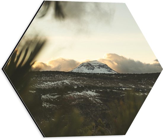 WallClassics - Dibond Hexagon - Witte Sneeuwberg in Landschap met Wolken - 40x34.8 cm Foto op Hexagon (Met Ophangsysteem)