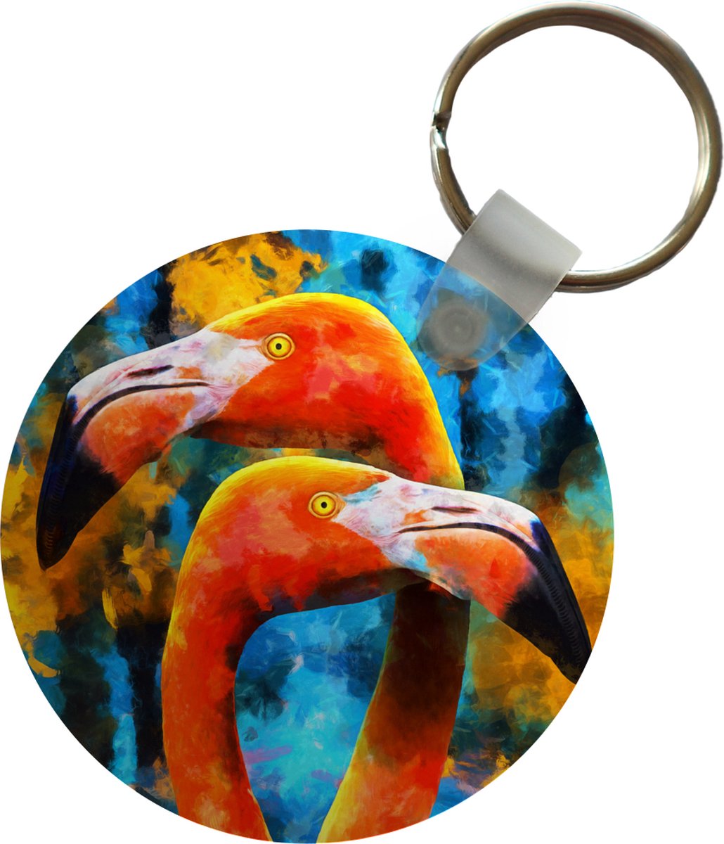 Sleutelhanger - Schilderij - Olieverf - Flamingo - Plastic - Rond - Uitdeelcadeautjes