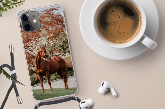 Coque avec cordon iPhone 12 - Cheval - Arbre - Licou - Siliconen - Bandoulière - Coque arrière avec cordon - Coque téléphone avec cordon - Coque avec cordon
