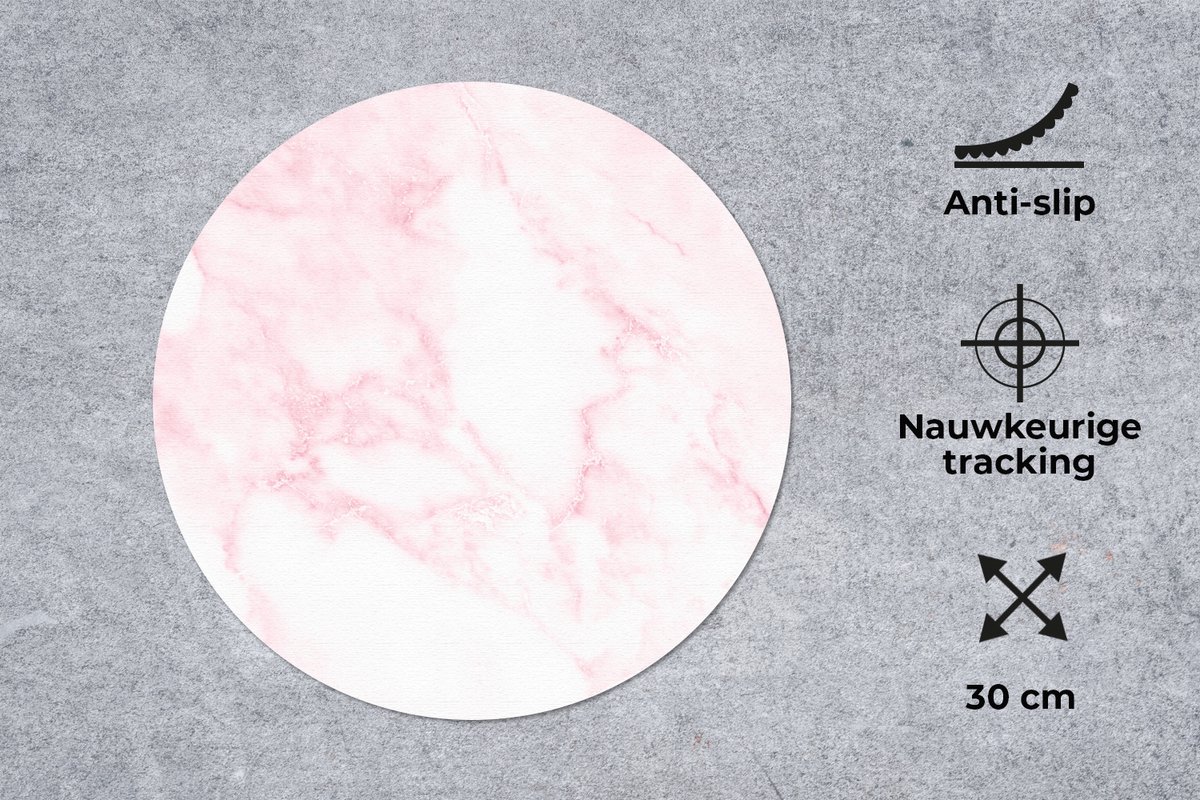 Muismat rond 30x30 cm - Mousepad Marmer - Wit - Roze - Chic - Marmer printlook - Ronde muismatten