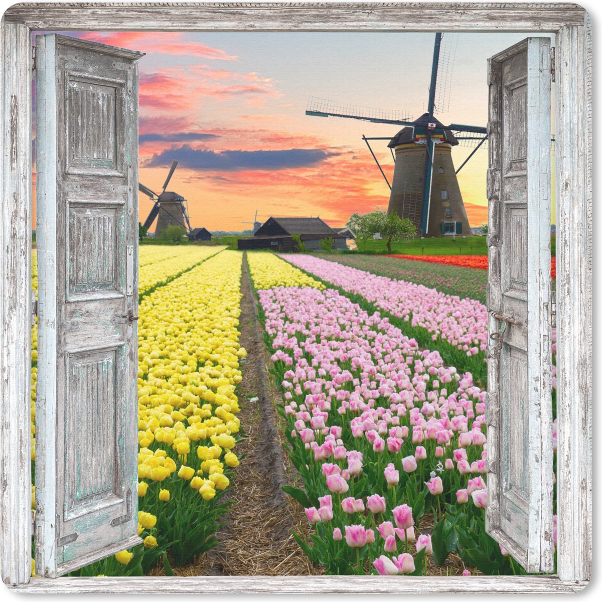 Muismat 30x30 cm - Mousepad Doorkijk - Tulpen - Molen - Avond - Muismatten