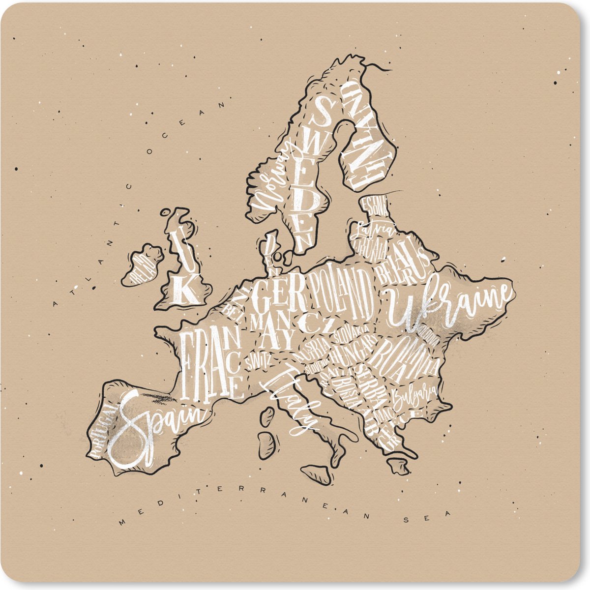 Muismat 30x30 cm - Mousepad Europa - Kaart - Bruin - Letters - Muismatten