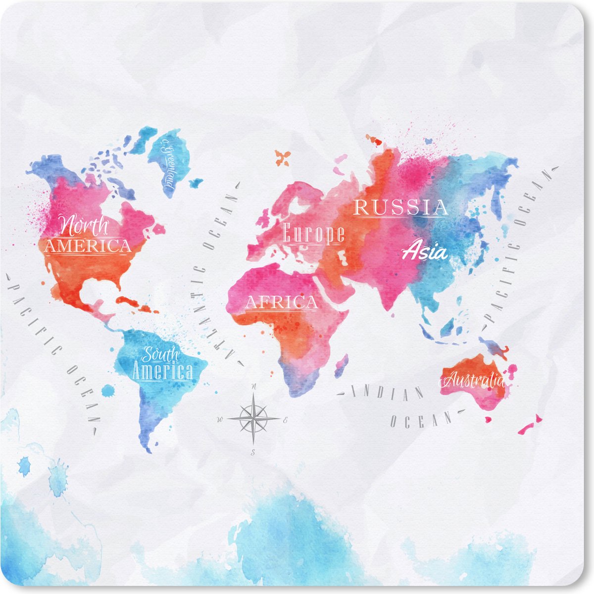 Muismat 30x30 cm - Mousepad Wereldkaart - Kleuren - Waterverf - Muismatten