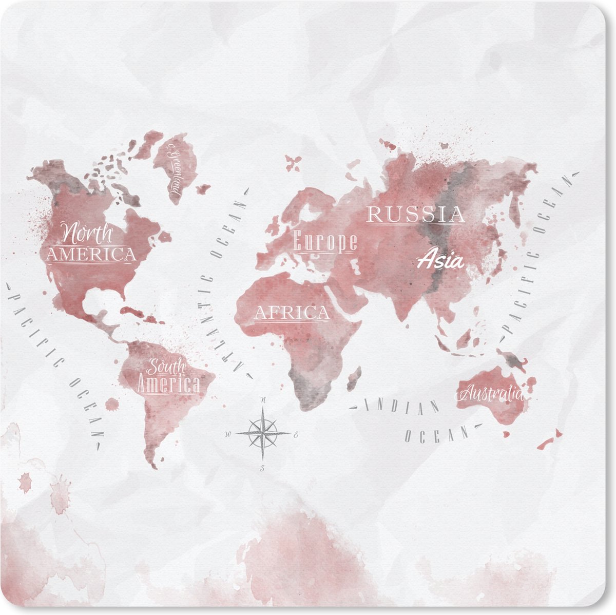 Muismat 30x30 cm - Mousepad Wereldkaart - Waterverf - Rood - Muismatten