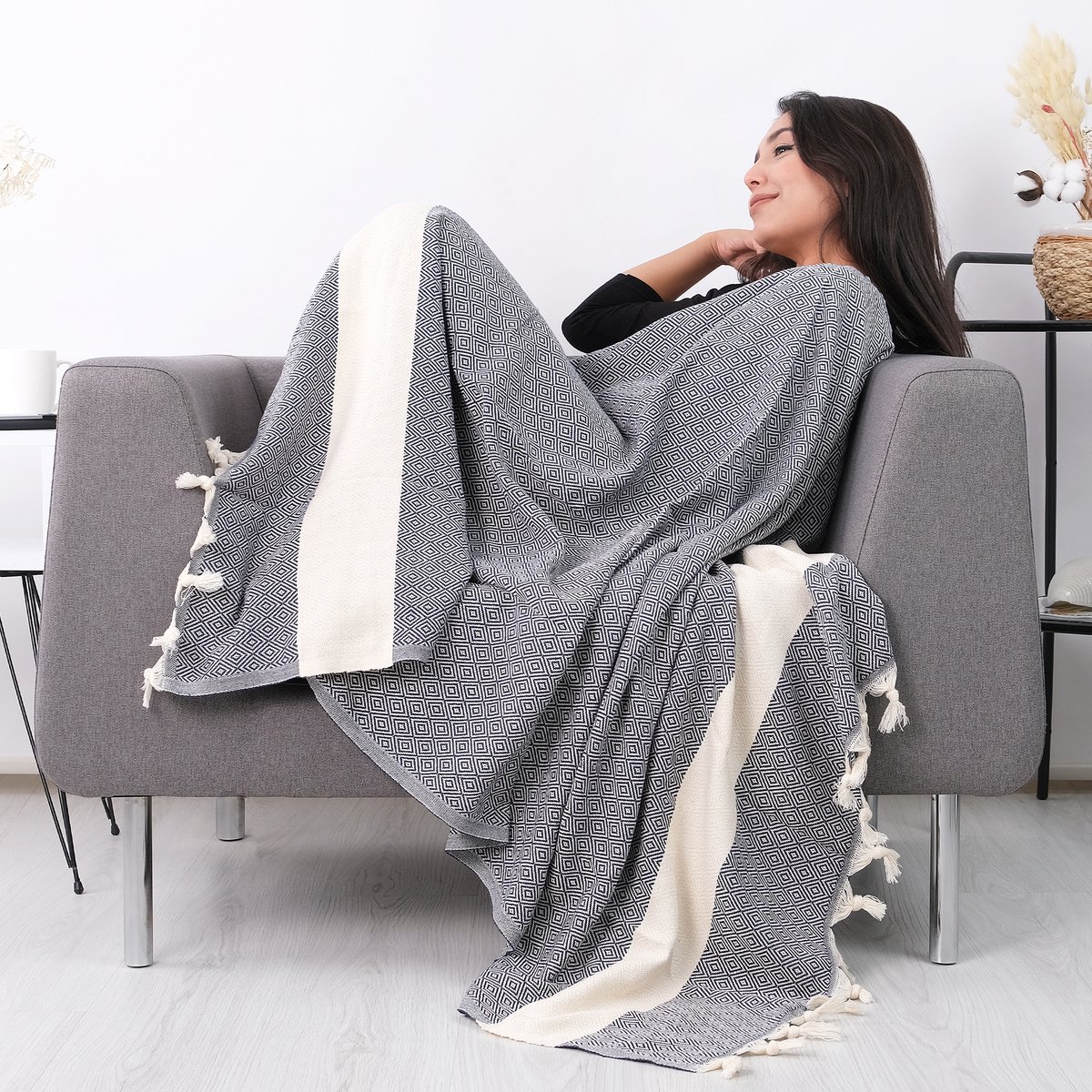 Tavas Cosy Plaid - Zwart Katoen foulard Volwassenen En Kinderen Tv-Deken - 100 x 180 cm