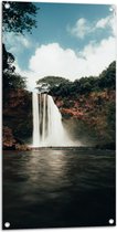 WallClassics - Tuinposter – Hoge Waterval in Meer - 50x100 cm Foto op Tuinposter  (wanddecoratie voor buiten en binnen)