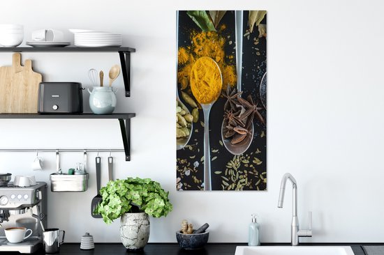 Canvas Schilderij Lepel - Specerijen - Kruiden - Eten - Tafel - 40x80 cm - Wanddecoratie