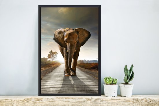 Cadre photo avec affiche - Éléphant - Route - Animaux - Coucher de soleil - Paysage - 40x60 cm - Cadre pour affiche