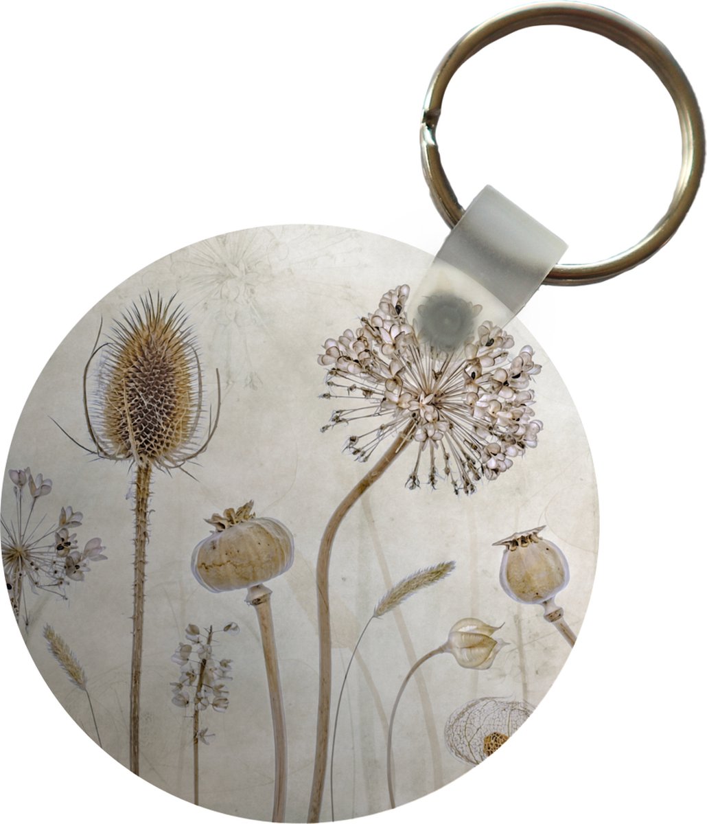 Sleutelhanger - Bloemen - Waterverf - Stilleven - Bruin - Vintage - Plastic - Rond - Uitdeelcadeautjes