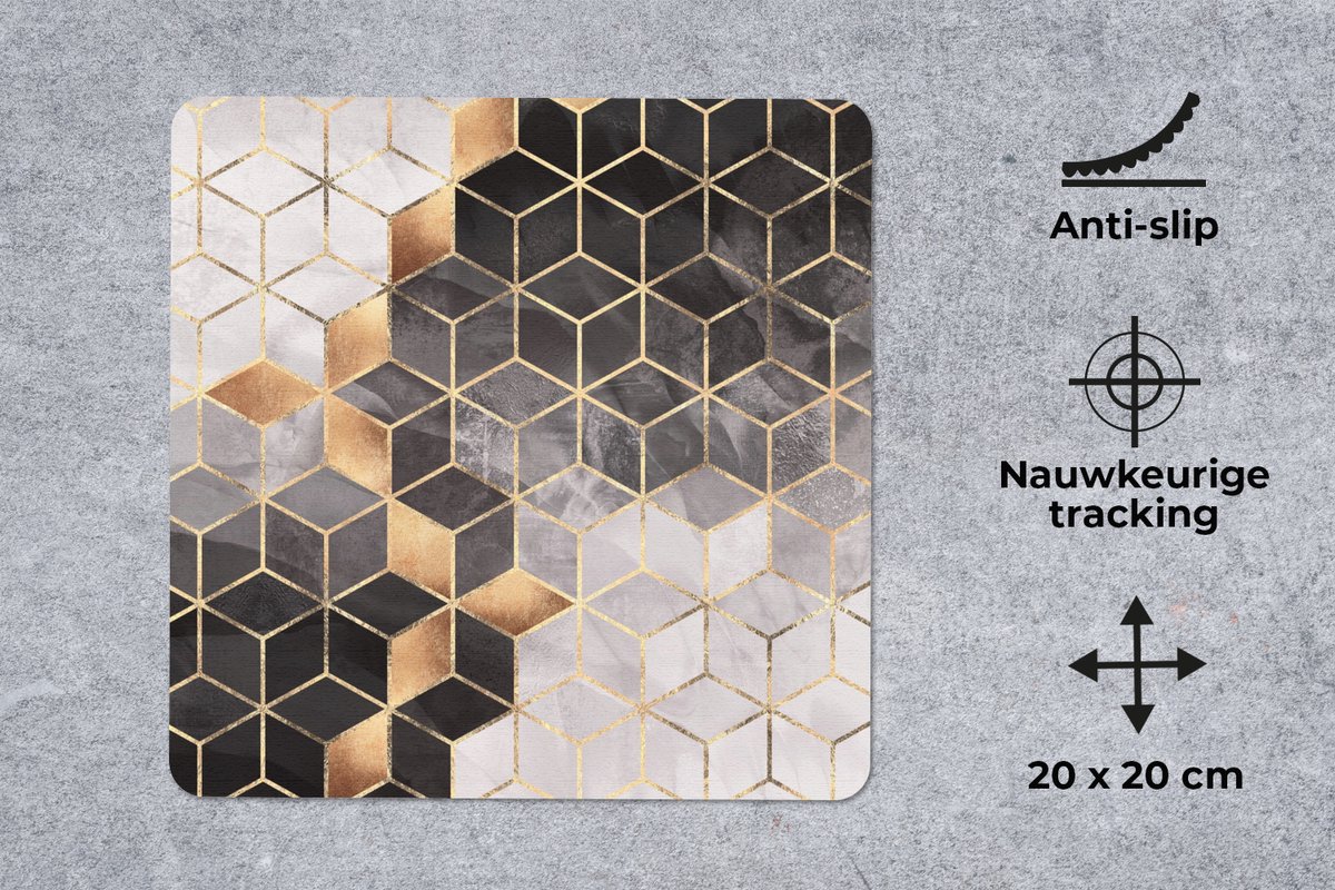 Muismat 20x20 cm - Mousepad Abstract - Kubus - Goud - Patronen - Zwart - Wit - Muismatten