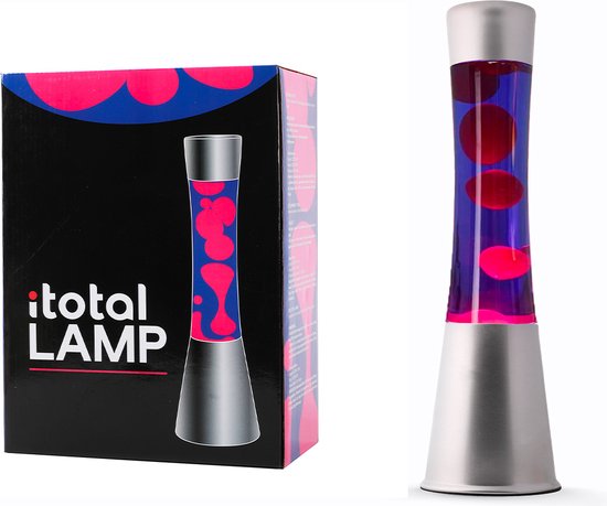 Lavalamp met paarse vloeistof en rode lava bolletjes, in zilverkleurige voet en dop. Verpakking met rode en blauwe cirkels.