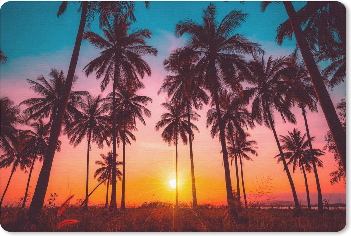 Muismat - Mousepad - Palmboom - Bomen - Zonsondergang - Horizon - Strand - Oranje - Roze - 27x18 cm - Muismatten