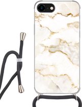 Hoesje met koord Geschikt voor iPhone 7 - Marmer print - Kalk - Goud - Luxe - Marmer printlook - Wit - Siliconen - Crossbody - Backcover met Koord - Telefoonhoesje met koord - Hoesje met touw