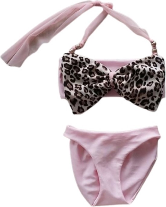 Maat 80 Bikini roze grote panterprint strik Baby en kind lichtroze zwemkleding