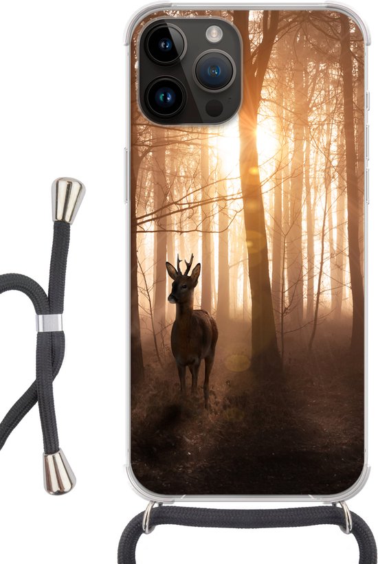 Apple iPhone 14 Pro Max - Étui à bandoulière - Forêt - Cerf - Soleil - Arbres - Hiver - Nature - Animaux - Siliconen - Bandoulière - Coque arrière avec cordon - Étui pour téléphone avec cordon - Étui avec corde