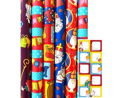 Product afbeelding van Sinterklaas Sint Inpakpapier Cadeaupapier - 70 cm x 3 meter - 12 rollen - Incl. 20 naamsticker