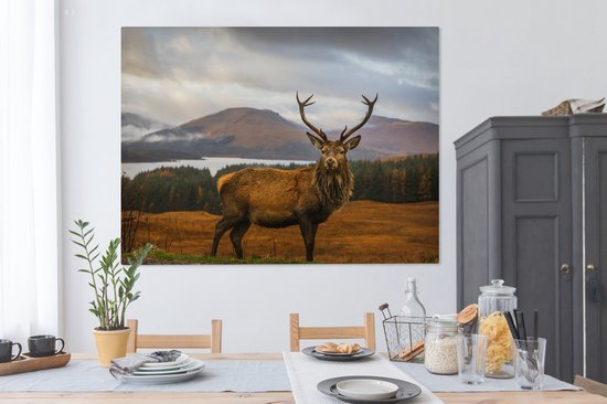Tableau sur toile - Cerf avec paysage 160x120 - Accessoires de décoration de chambre nature - Peintures animaux de salon - Décoration murale chambre - Décoration murale cuisine - Tissu mural intérieur - Décoration maison - Accessoires de maison