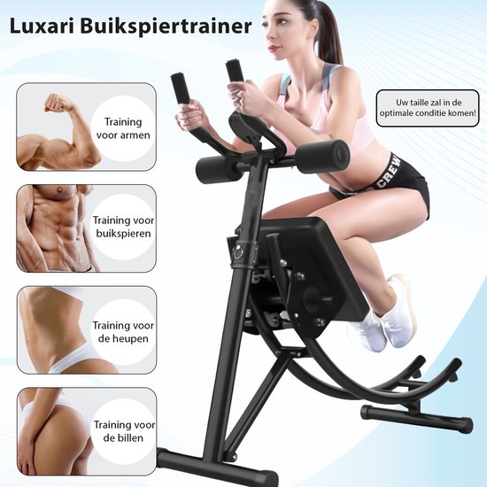 Vrouw traint op een zwarte buikspiertrainer. Illustraties tonen trainingen voor armen, buik, heupen en billen.