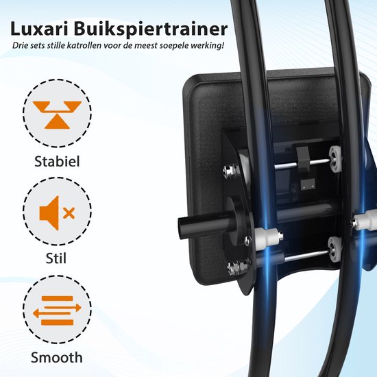 Detail van de Luxari buikspiertrainer: drie stille katrollen voor soepele werking, stabiel en stil.