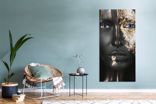 Toile Peinture Femme - Feuille d'Or - Zwart - Or - Luxe - 80x160 cm - Décoration murale