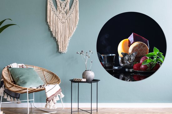 WallCircle - Cercle mural - Cercle mural intérieur - Rustique - Fruits - Fromage - Table - Nature morte - 140x140 cm - Décoration murale - Peintures ronds