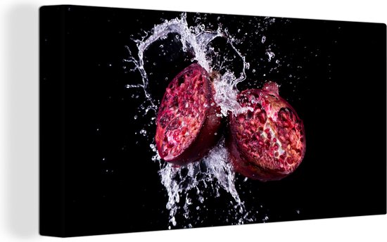 Canvas Schilderij Granaatappel - Fruit - Water - Zwart - Paars - 40x20 cm - Wanddecoratie