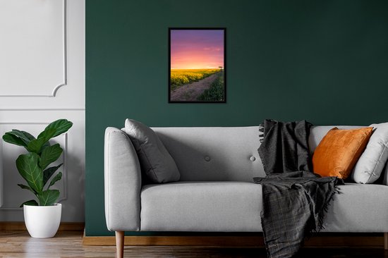 Fotolijst incl. Poster - Bloemen - Weg - Lucht - Geel - Paars - Zonsondergang - Natuur - 30x40 cm - Posterlijst