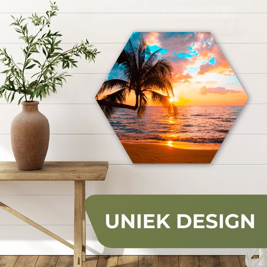 Décoration murale Hexagone - Décoration murale en plastique - Tableau Hexagone - Palmier - Coucher de soleil - Horizon - Plage - Mer - Tropical - 75x65 cm