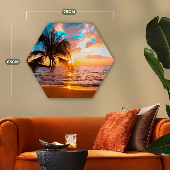 Décoration murale Hexagone - Décoration murale en plastique - Tableau Hexagone - Palmier - Coucher de soleil - Horizon - Plage - Mer - Tropical - 75x65 cm