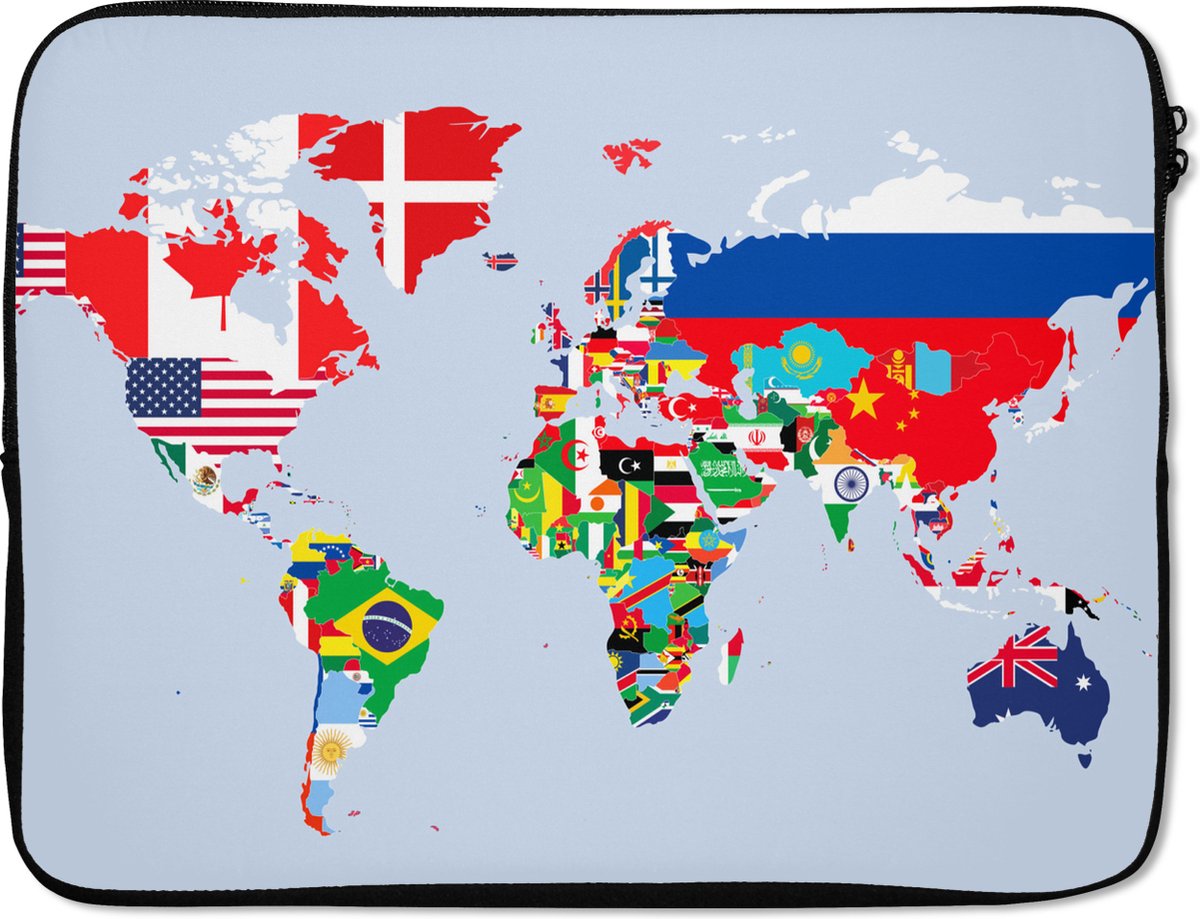 Laptophoes 15.6 inch - Wereld - Kaart - Vlag - Landen - Laptop sleeve - Binnenmaat 37x26 cm - Zwarte achterkant
