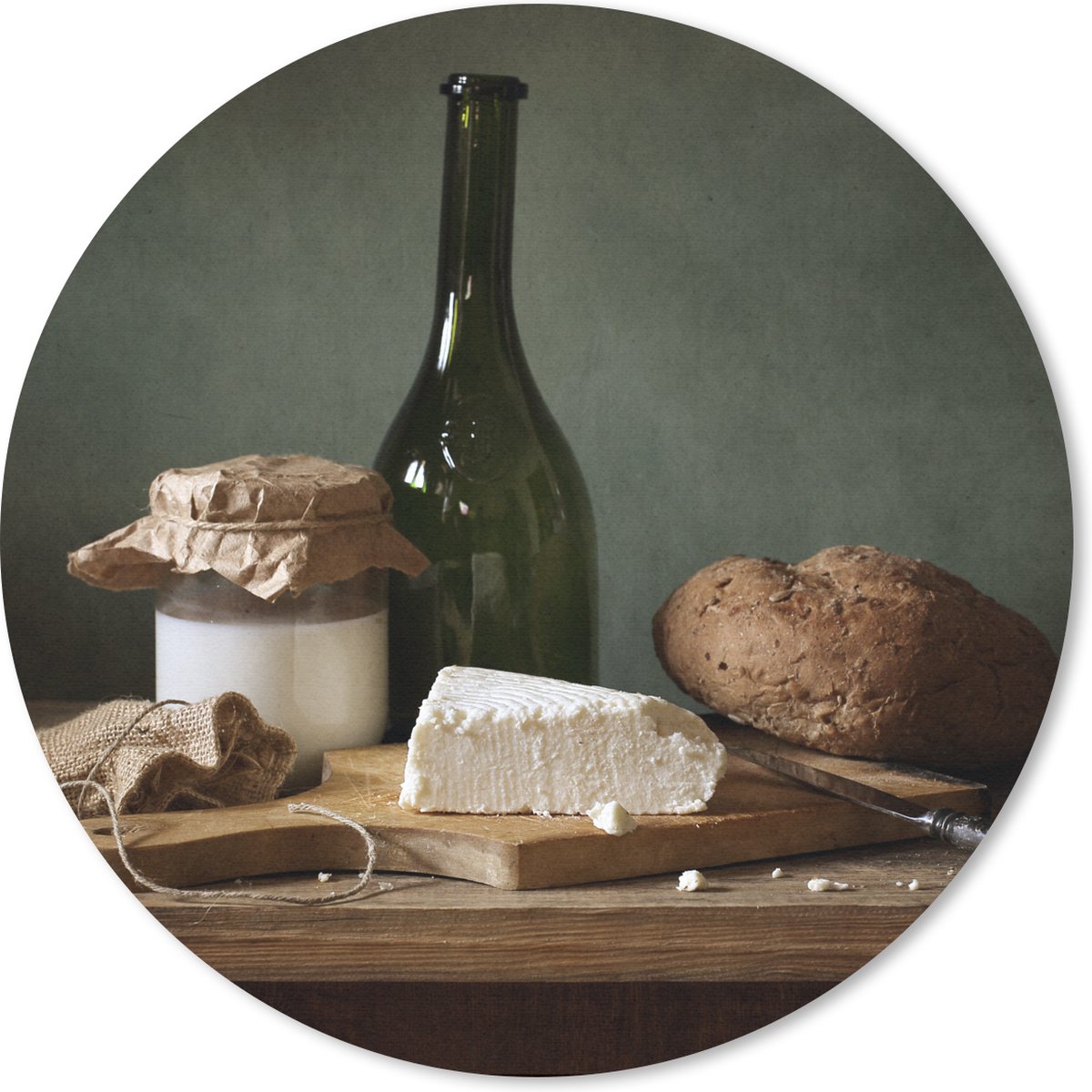 Muismat rond 30x30 cm - Mousepad Rustiek - Brie - Stilleven - Fles - Brood - Ronde muismatten