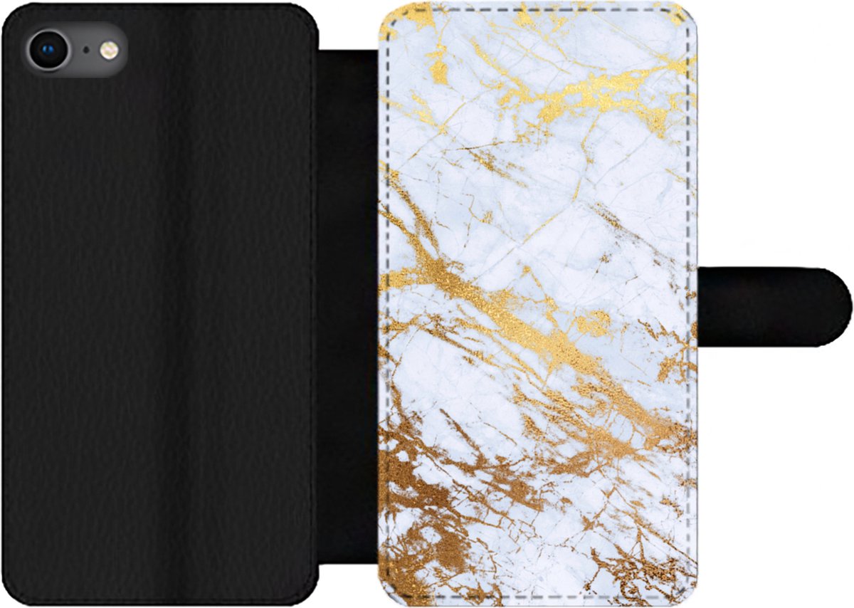 Telefoonhoesje Geschikt voor iPhone 8 telefoonhoesje - Marmer print - Goud - Wit - Luxe - Marmer printlook - Glitter - Met vakjes - Wallet case met magneetsluiting