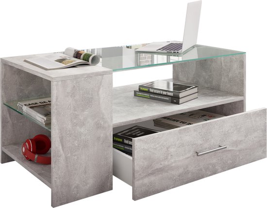 Table basse Tindala avec plateau en verre, 1 tiroir, 3 étagères Aspect béton.